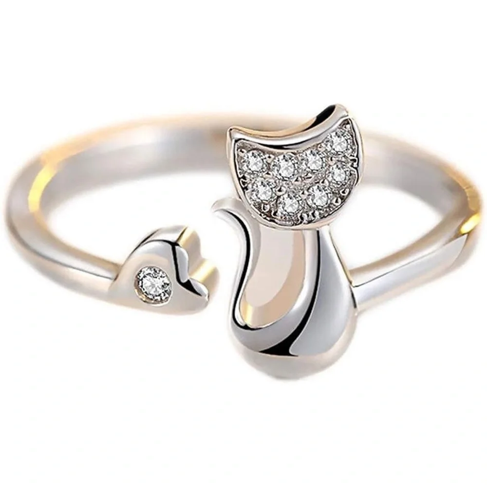 Silver Cat Ring with rhinestones